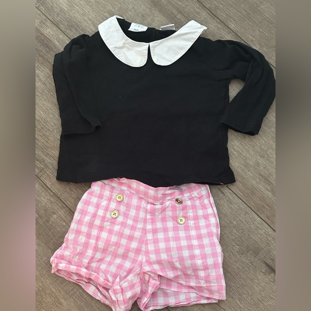 JANIE AND JACK PINK WHITE CHECK SHORTS 2TAND BLACK WHITE ZARA SHIRT 24 Mo